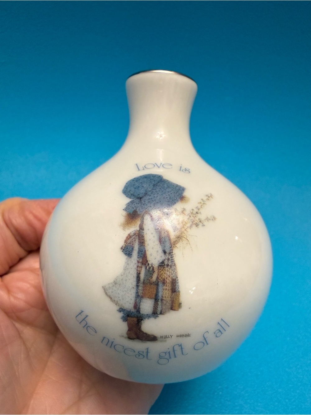 1970s Vintage Holly Hobbie Blue Girl Porcelain Vase “Love Is the Nicest Gift”